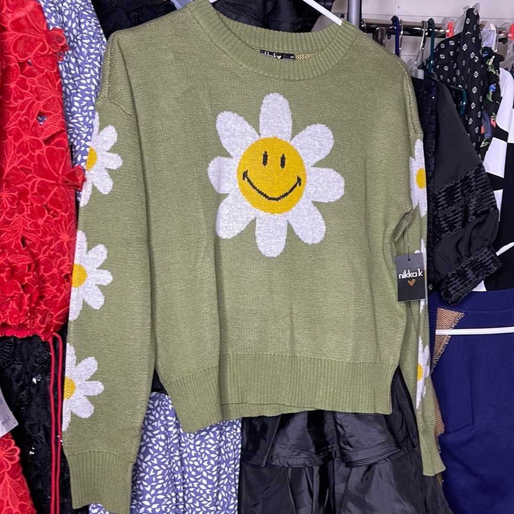 Nikka K Flower Happy Face Cropped Sweater
